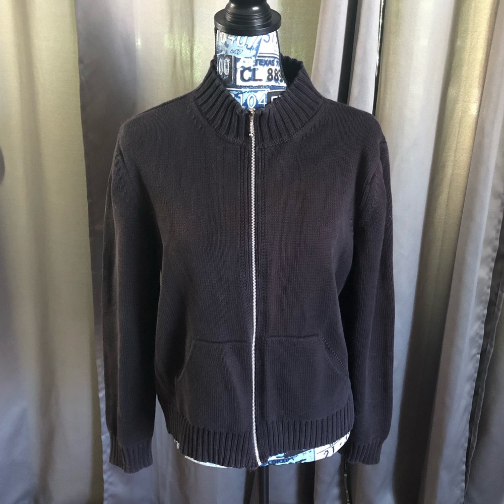 Vintage Splendor! Cotton Knit Zip Front Black Sweater